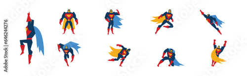 Superhero Muscled Man in Mask and Cape in Different Pose Vector Set