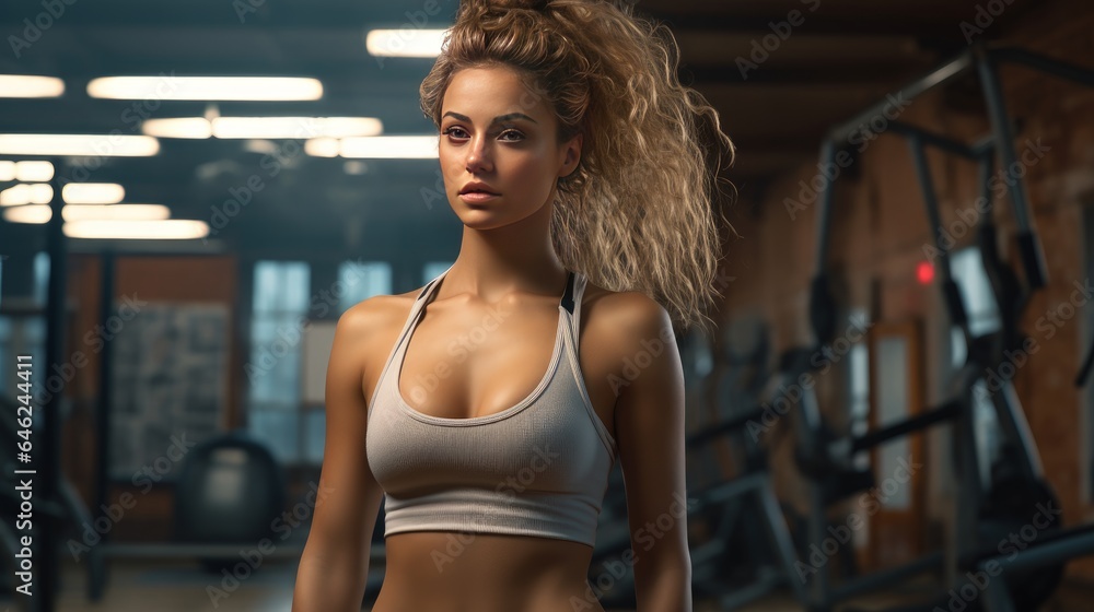 photo of a woman in workout attire, head to waist, exercising in a gym