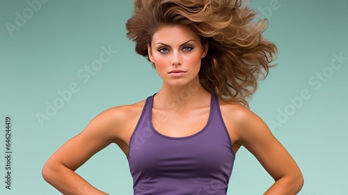 photo of a woman in workout attire  head to waist shot  nice hair