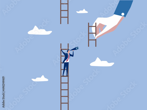 Helping hand, business support to reach career target or help to climb up ladder of success concept, businessman climbing up to top of broken ladder with huge helping hand to connect to reach higher.
