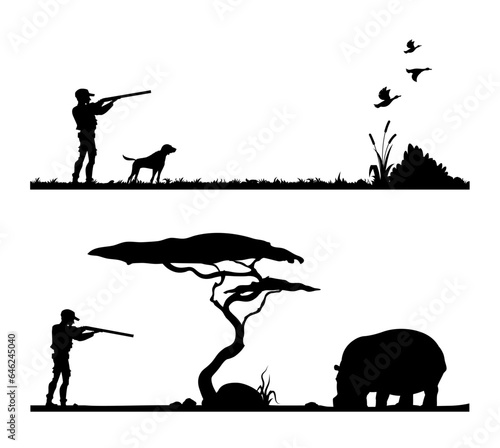 Hunting sport silhouette. Duck shooting season, bird hunting hobby or forest hunt trophy vector background, African safari adventure scene with hunter, pointer dog and hippopotamus in savannah