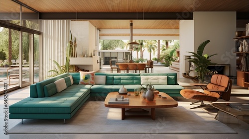 mid-century modern magic of this living room  featuring a sunken seating area and an open-concept layout