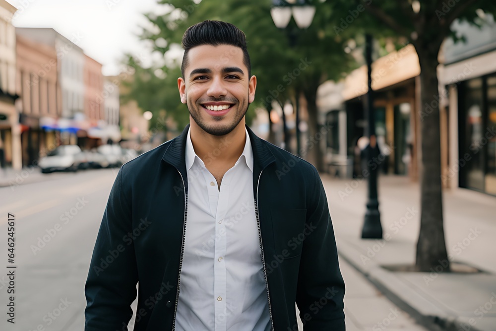 Young Handsome Hispanic Man Walking Happily in Town Street