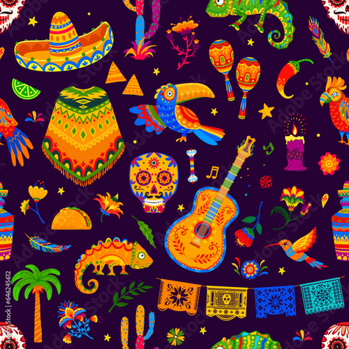 Mexican holiday and festival objects seamless pattern. Vector background with cartoon sombrero hat, maracas, guitar and hummingbird, guitar, toucan, chameleon and flowers in ethnic alebrije style