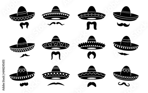 Black mexican mariachi sombrero hat icons and moustaches. Vector charro, cowboy or musician caps and whisker signs representing culture, folklore, and traditions of Mexico. Monochrome festive elements