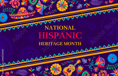 Banner of national hispanic heritage month festival, features bold colors, cultural symbols such as sombrero and alebrije style floral pattern, showcases rich cultural traditions and event celebration