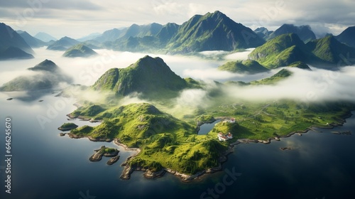 Nature's Drama Unveiled: Thick Fog Blankets Islands in a Summer Fjord Setting