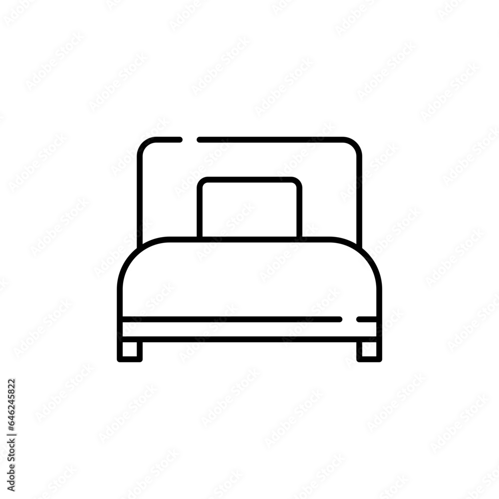 Single bed hotel icon with black outline. bed, bedroom, furniture, design, single, white, pillow. Vector illustration Single bed hotel icon with black outline. bed, bedroom, furniture, design, single, white, pillow. Vector illustration