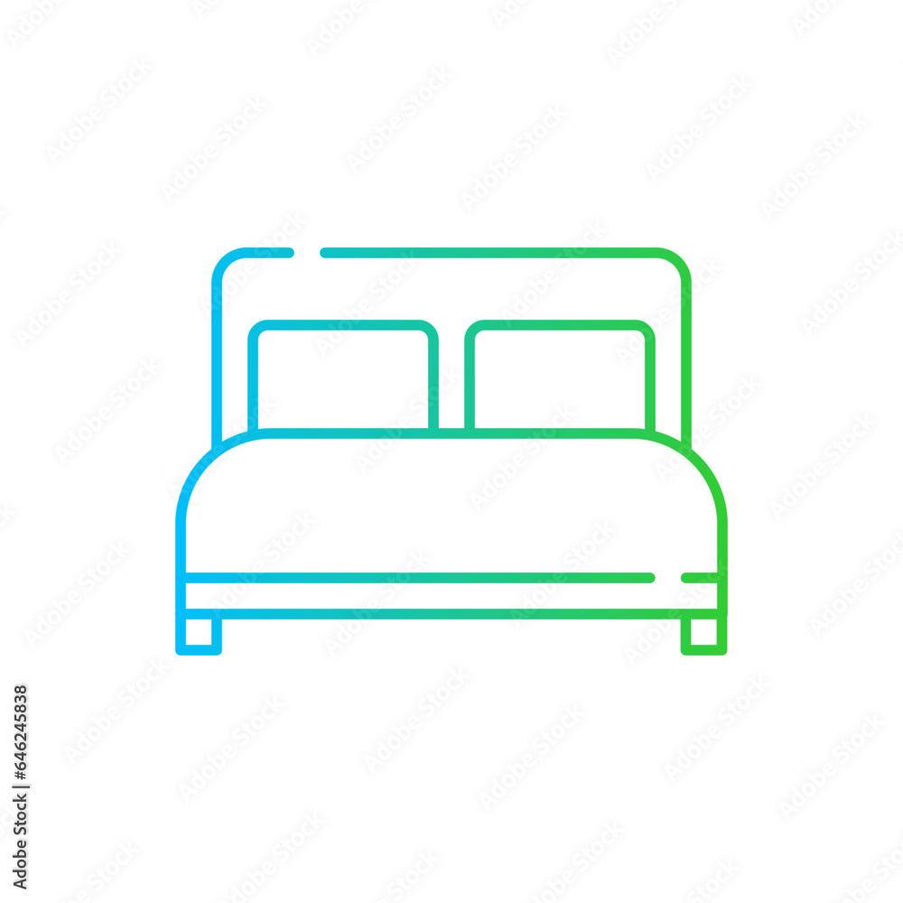 Double bed hotel icon with blue and green gradient outline. bedroom, interior, furniture, bed, home, design, room. Vector illustration Double bed hotel icon with blue and green gradient outline. bedroom, interior, furniture, bed, home, design, room. Vector illustration