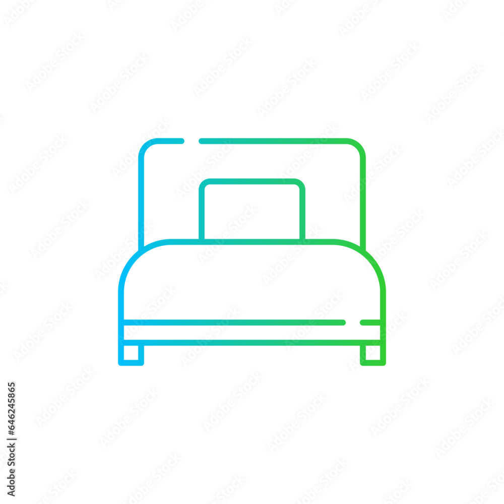 Single bed hotel icon with blue and green gradient outline. bed, bedroom, furniture, design, single, white, pillow. Vector illustration Single bed hotel icon with blue and green gradient outline. bed, bedroom, furniture, design, single, white, pillow. Vector illustration