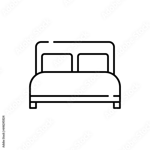 Double bed hotel icon with black outline. bedroom, interior, furniture, bed, home, design, room. Vector illustration