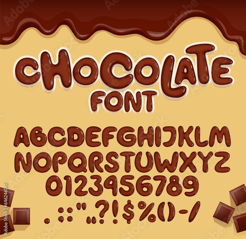 Chocolate font, candy type, brown choco typeface, tasty english alphabet letters and numbers, vector typography. Sweet dessert food abc font with cartoon melted dark chocolate drips and choco bars