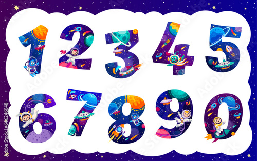 Cartoon space numbers, funny math and astronomy science. Kids education vector font of cute digits with funny astronaut and alien characters, galaxy planets, rockets and UFO, stars and comets