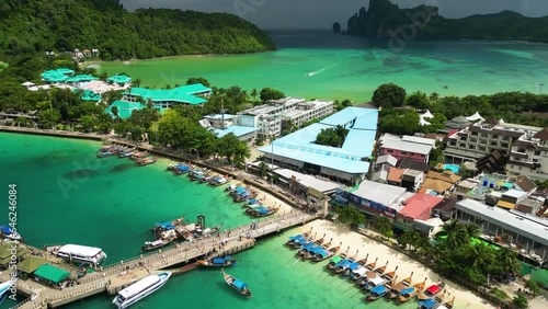 drone fly above Thailand Koh Phi Phi islands in Krabi province aerial footage of south east asia hot travel destination photo