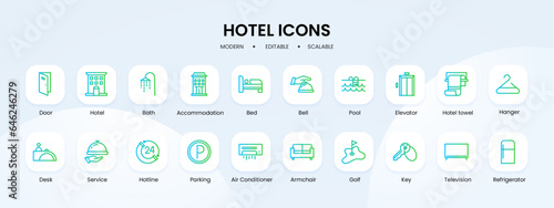 Hotel icon collection with blue and green gradient outline style. collection, hotel, restaurant, travel, room, symbol, service. Vector Illustration