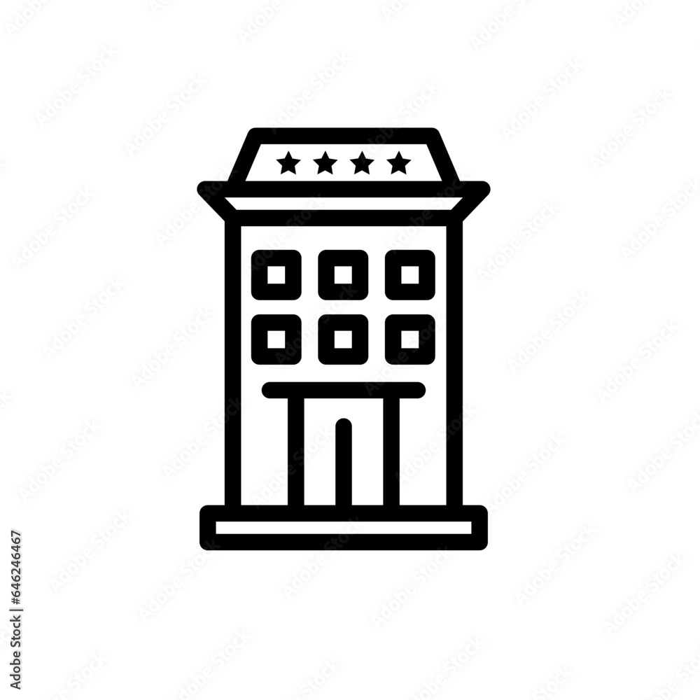 Accommodation hotel icon with black outline style. hotel, accommodation, room, bed, service, vacation, travel. Vector Illustration