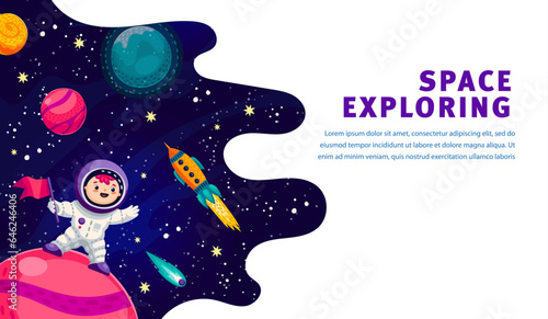 Landing page. Astronaut and rocket between space planets. Business startup web page template, company vector landing page with kid astronaut cute character on planet surface, galaxy star and spaceship