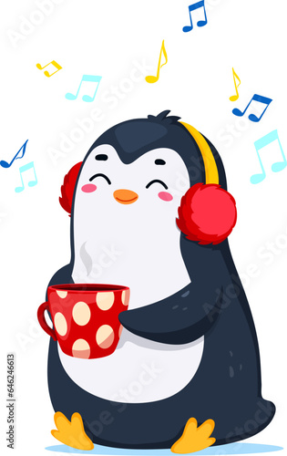 Cartoon cute funny penguin character wear joyfully listens to music while enjoying a cup of tea. Isolated vector baby bird exuding cuteness in a delightful combination of entertainment and relaxation