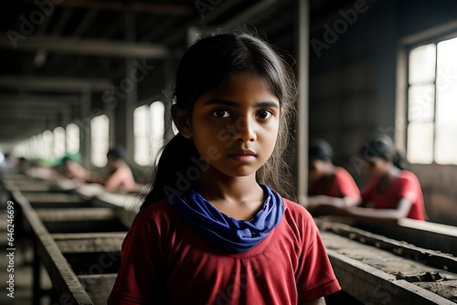 young Asian little girl laboring in a dark workplace under unfavorable circumstances. Concept of child labor and exploitation, artificial intelligence-generated image of human rights violation. photo