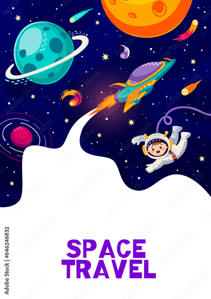 Cartoon space flyer with astronaut, galaxy planets and starship, vector background. Kid spaceman in space travel with spaceship or galactic spacecraft, comets and planet asteroids in galaxy sky