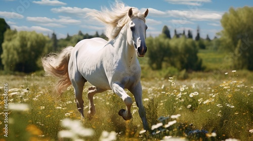 sight of a white standing horse in full stride across the meadow
