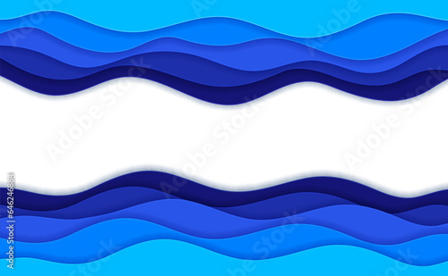 Sea paper cut waves and ocean water ripples and surf curves, vector copy space background. Wave flow frame with papercut sea tide and ocean wavy ripples and wave curls in paper cutout layers