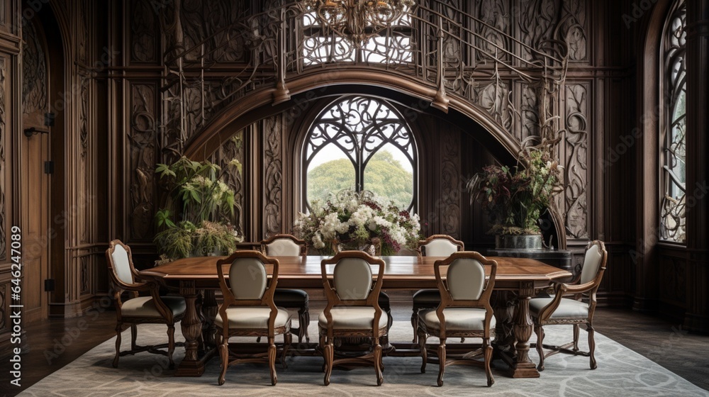 Step into the luxurious house's dining room adorned with a stunning wooden table