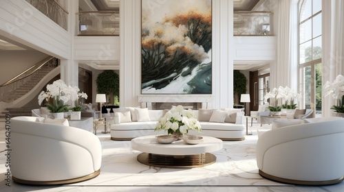 Step into the future with this expansive white living room within a grand residence  featuring striking artwork and tasteful plant vases