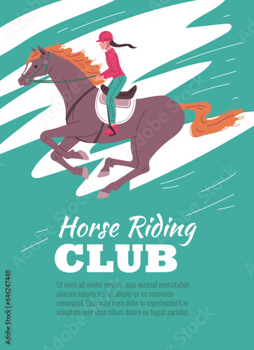 Poster or vertical banner about horse riding club flat style, vector illustration