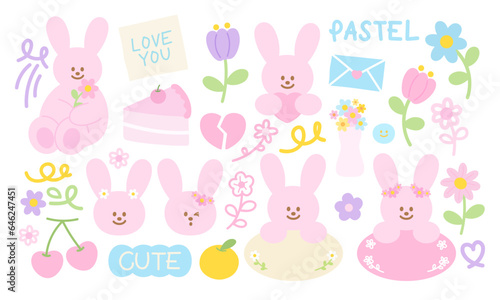 Pastel pink bunny and flowers for cute element decorations, sweet sticker, animal tattoo, pet logo, social media post, poster, print, ads, cartoon character, comic, banner, etc.