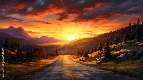 Sunset Splendor on a Rain-Kissed Asphalt Road in the Heart of Nature