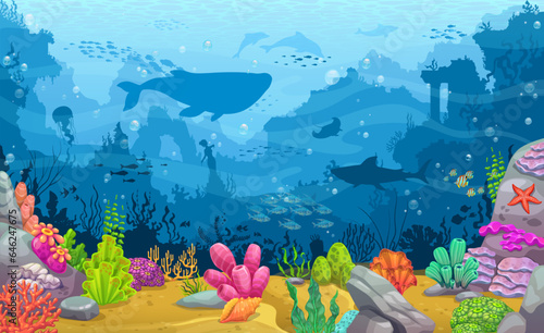 Underwater sunken city landscape with seaweeds and sea animals. Aquatic life, ocean animals and plants background, coral reef vector scene with ancient city ruins, fish shoal and whale silhouette