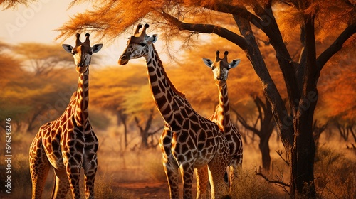 Fototapeta Naklejka Na Ścianę i Meble -  the beauty of three giraffes eating the leaves of trees