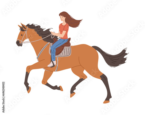 Happy kid girl galloping in saddle on horseback flat style