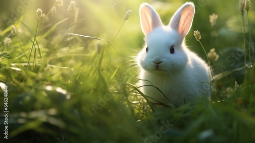 the cuteness of a small white rabbit in the grass and its gaze wandering