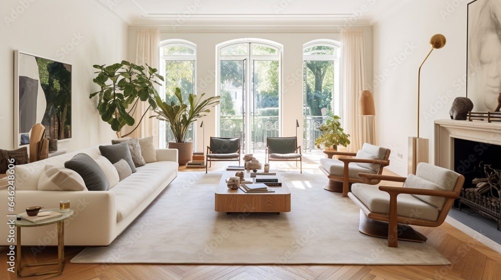 The living room boasts a modern aesthetic, complete with parquet flooring and chic furnishings