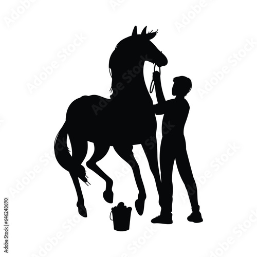 Silhouette of man washing horse with bucket of water, vector illustration isolated.