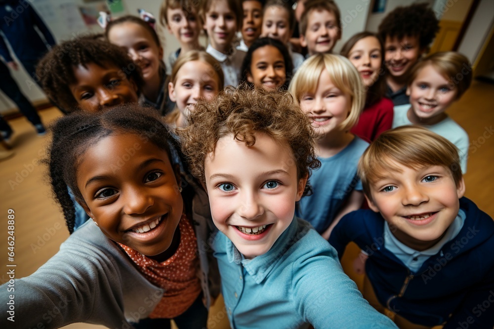 Memorable class photograph selfie capturing a group of multi racial elementary school children, boys and girls, posing together.
