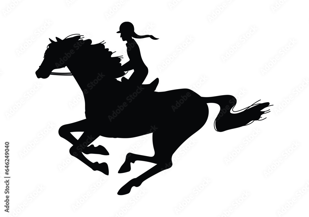 Black silhouette of young girl in helmet on horseback flat style