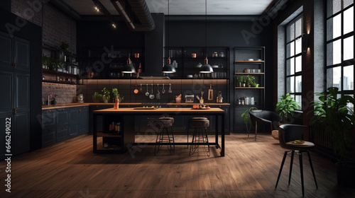 黒い内装のキッチンルーム インテリアイメージ