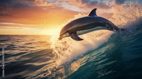 the thrill of marine life as agile dolphins frolic, jumping over the surging waves in their natural ocean habitat © Pretty Panda