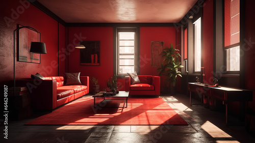 赤い内装のリビングルーム　インテリアイメージ © aijiro