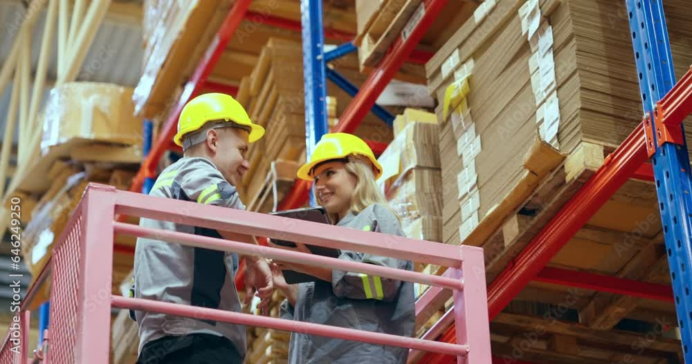 Two engineer talking in warehouse together. They discussing about work together at warehouse store. Two engineer talking in warehouse together. They discussing about work together at warehouse store.