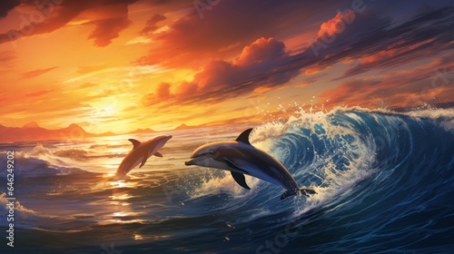 the world of ocean wildlife  where lively dolphins joyfully vault over the foaming waves in their native habitat