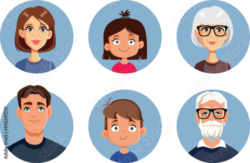 Multi generational Family Members icon Set Cartoon Design Avatars. Mother, father, grandparents, and grandchildren collection of characters
