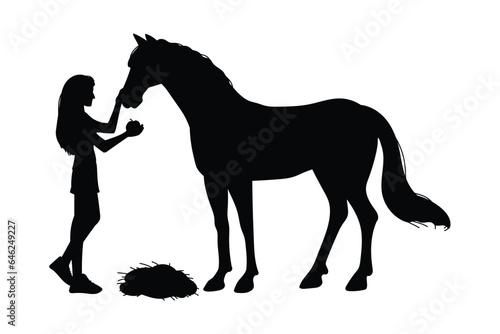 Black silhouette of woman feeding horse flat style, vector illustration