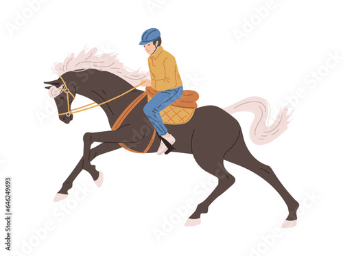 Horseman or jockey rider on racing horse, flat vector illustration isolated. © sabelskaya