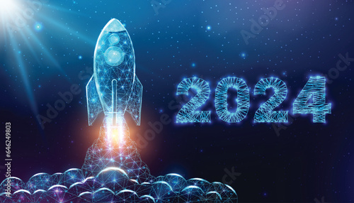 Rocket launch, wireframe polygonal style. 2024 start concept with glowing low poly rocket. Futuristic modern abstract background. Vector illustration