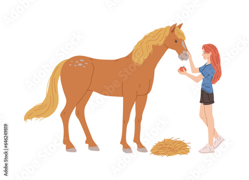 Woman feeding horse with apple, cartoon flat vector illustration isolated on white background.