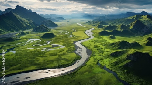 Photo Aerial view of a river delta with lush green vegetation and winding waterways